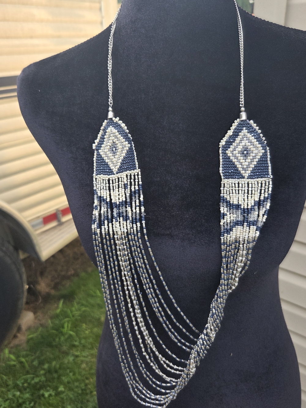 Handmade Navy and Silver Beaded Fringe Statement Necklace
